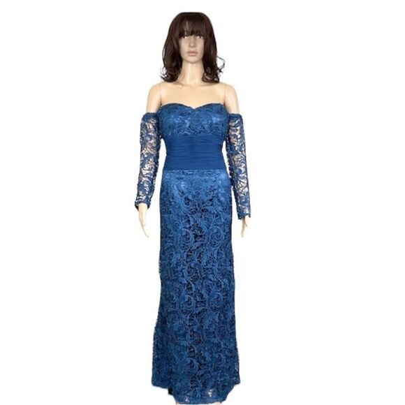 Julie Polanco Blue Floral Lace Off Shoulder Sweetheart Neck Evening Maxi Gown M - Picture 1 of 11